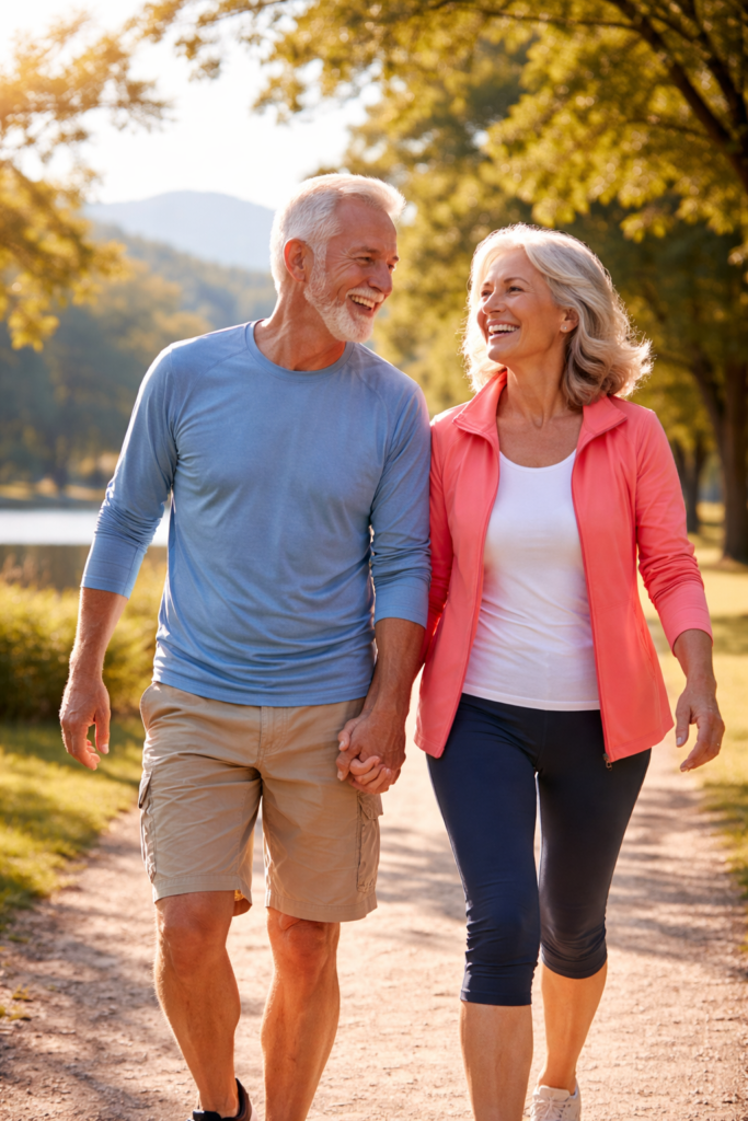 Active seniors walking comfortably after joint pain relief supplement