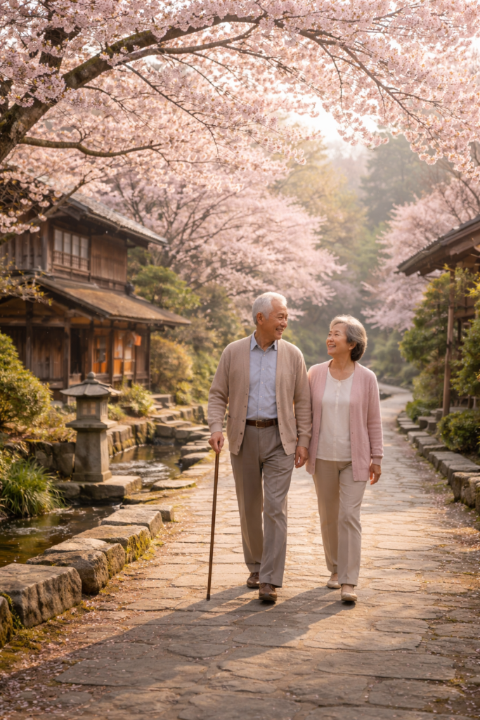 Elderly Japanese couple walking comfortably, representing natural joint health.