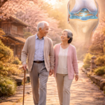 “Elderly couple walking comfortably using Japanese joint health method with natural cushioning support.”