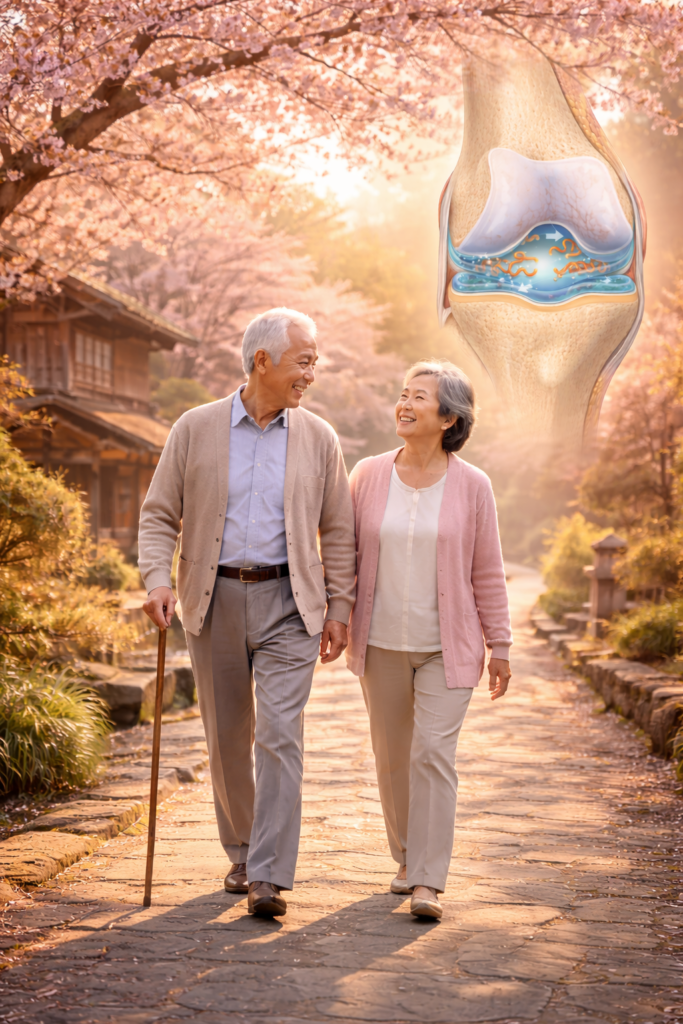 “Elderly couple walking comfortably using Japanese joint health method with natural cushioning support.”