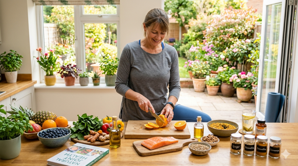 Woman preparing healthy anti-inflammatory foods like salmon, fruits, turmeric, and ginger to reduce joint pain and stiffness naturally