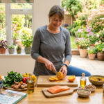 Woman preparing healthy anti-inflammatory foods like salmon, fruits, turmeric, and ginger to reduce joint pain and stiffness naturally