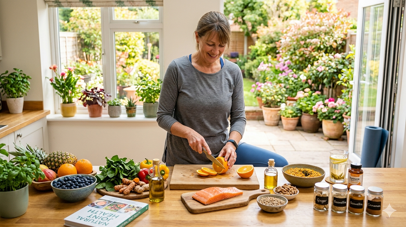 Woman preparing healthy anti-inflammatory foods like salmon, fruits, turmeric, and ginger to reduce joint pain and stiffness naturally