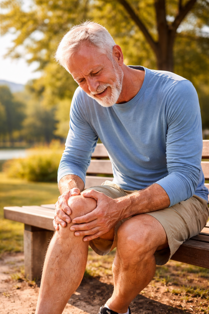Man holding painful knee due to joint stiffness