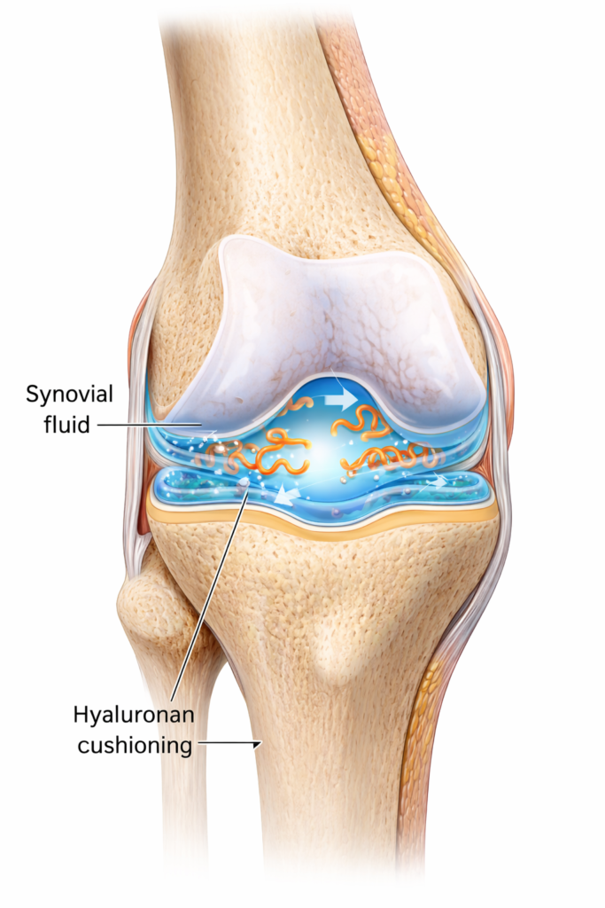 Medical diagram of joint lubrication and hyaluronan cushioning.